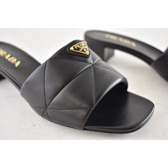 Prada Diagram Quilted Leather Black Gold Logo Slide Sandal Mule Block Heel 39 - Picture 6 of 15